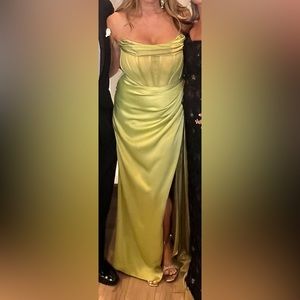 Beautiful peridot green gown with built-in corset, the material is stunning!